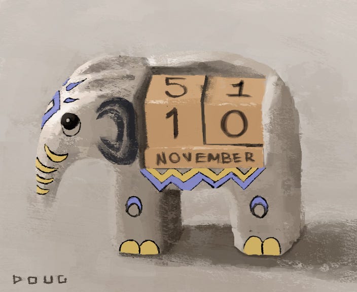 A painting of an elephant sculpture that doubles as a calendar.