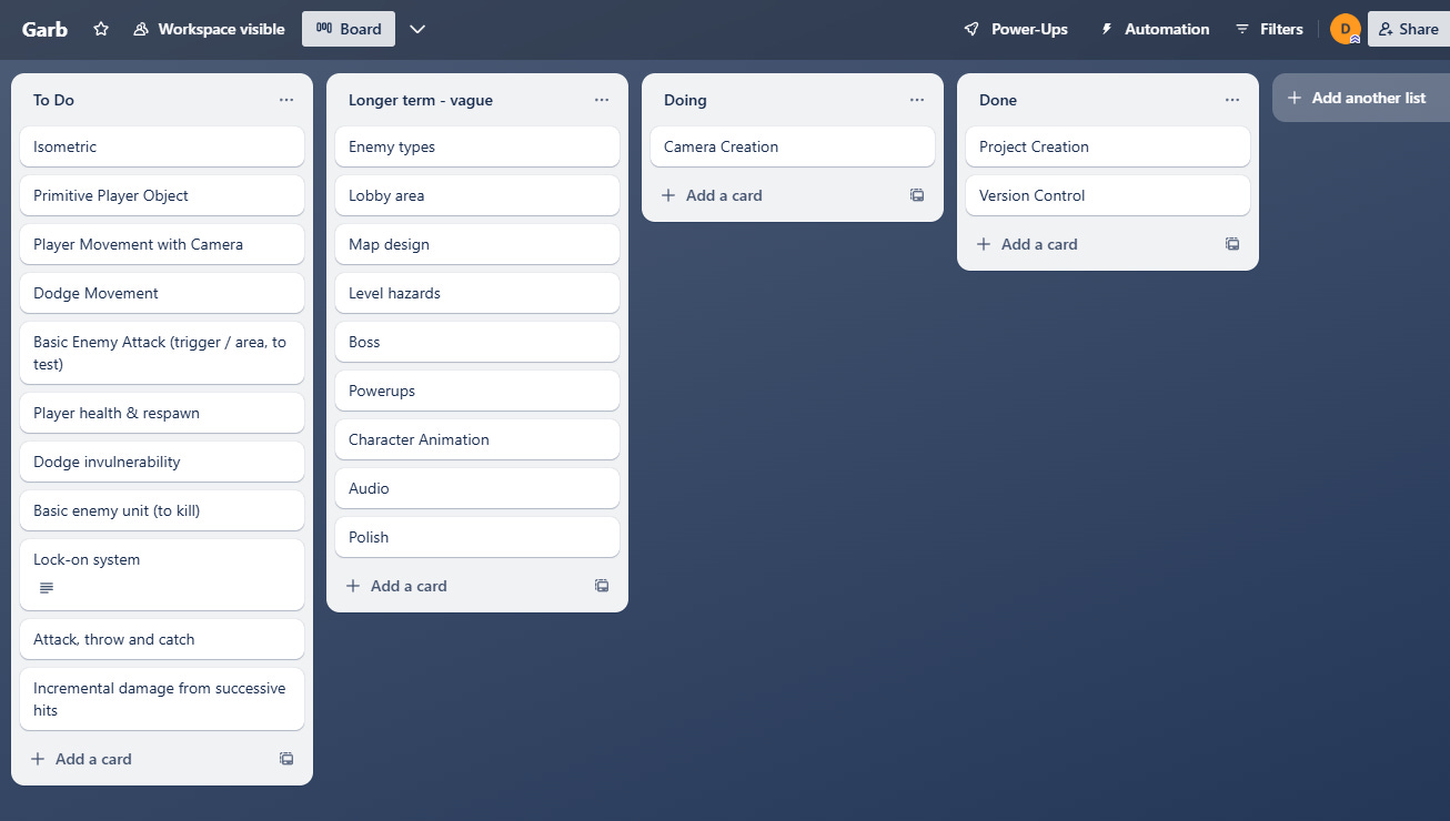 A screenshot of a trello board with a plan for the upcoming game.