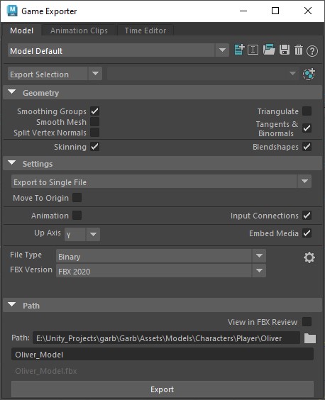 A screenshot of the model tab in Maya's Game Exporter.