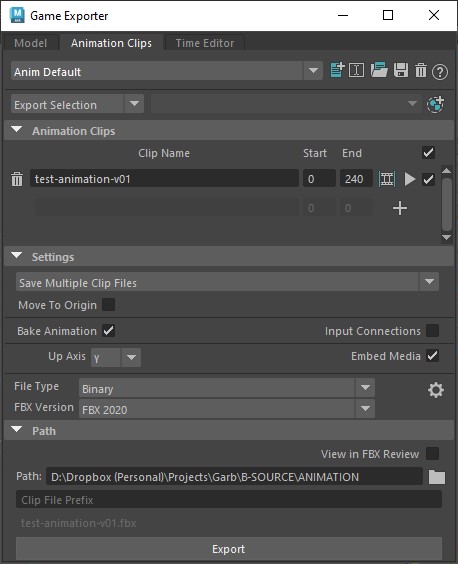 A screenshot of the animation clips tab in Maya's Game Exporter.