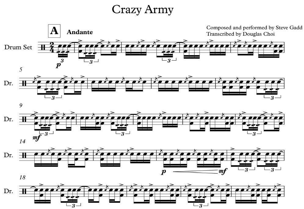 The first 22 bars of a transcription of Crazy Army